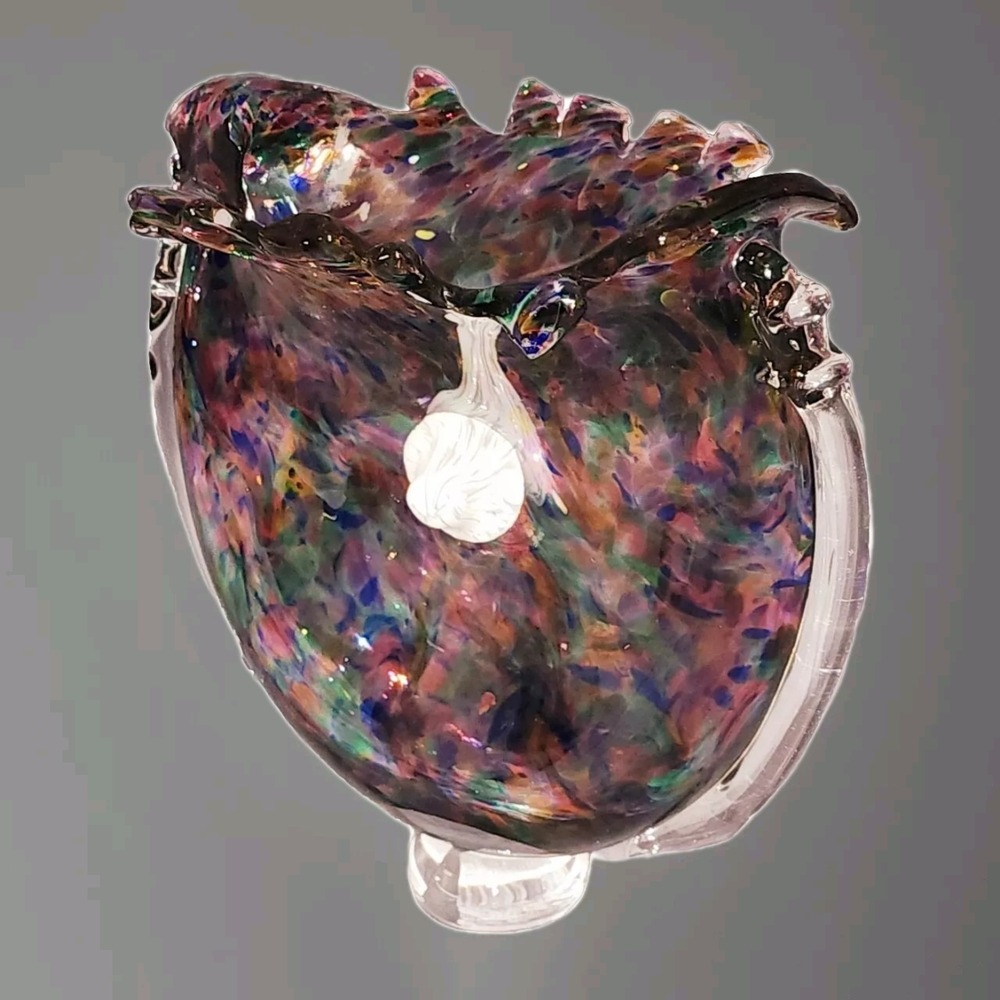 Murano Style Colored Pebbles Ruffled Rim Blown Art Glass Pinched Vase 9" X 9"